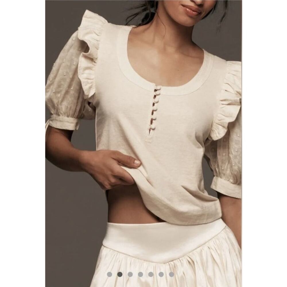 Womens Anthropologie Puff Sleeve Emboidered Cream Blouse Size Medium